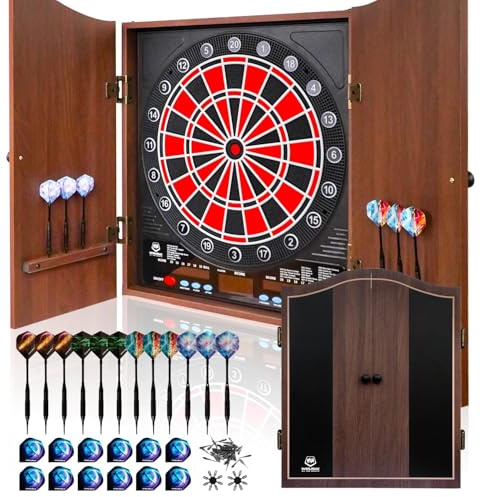 WIN.MAX Elektronische Dartscheibe,Dekorative Electronic Dartboard Cabinet Set bietet 34 Spiele für bis zu 8 Spieler inklusive 12 Soft-Tip Pfeile (Schwarz)