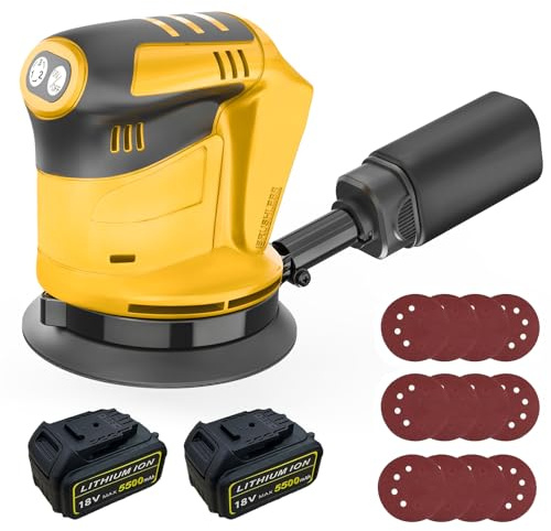 Cordless Random Orbital Sander with 2 * 5500mAh Battery, 125MM Brushless Orbit Hand-Sander for Dewalt with 12 Sandpapers, Dust Collection Bag for Sanding, Polishing Wood, DIY, Home Improvement