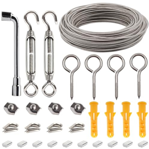 AMZSKU Metallkabel i rostfritt stål 304 - 15 m - 2 mm - Metallkabel för klätterväxter - Kabel i stål med öglor för tvättlina - Tvättlina