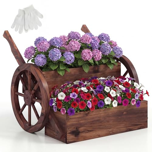 HOMASIS Carriola da Giardino in Legno, Fioriera con Ruote e Vaso da Fiori, Orto Rialzato da Giardino con Fori di Drenaggio e Guanti, Carrello Decorazione da Balcone (Marrone, 64 x 54 x 50 cm)