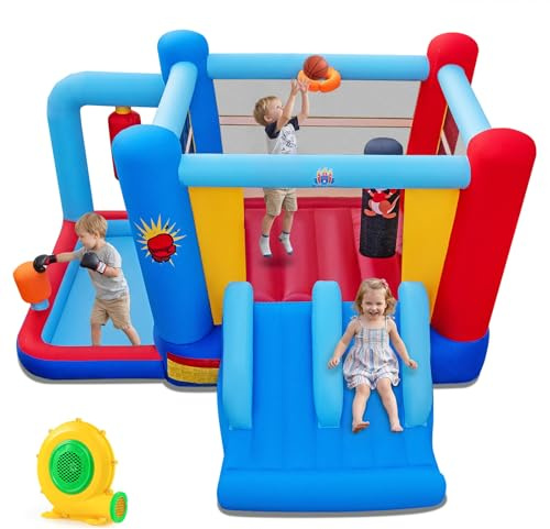 COSTWAY Castillo Hinchable Infantil en Forma de Ring de Boxeo, Castillo Hinchable con Piscina de Pelotas, Bolsas de Boxeo, Toboganes y Soplador de 550W, para Niños de 3 a 12 Años, 402 x 385 x 206 cm