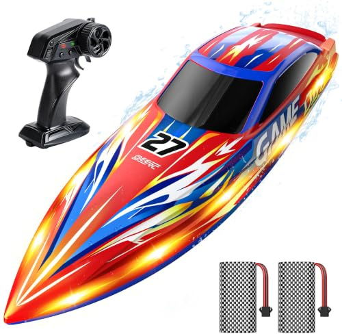DEERC High Speed RC Boat for Kids, 25+KPH Remote Control Boat with LED Lights, Capsize Recovery,2x1300mAh Batteries 30 Min, 50+ Pad-Printed Details, 2.4GHz Racing Boat for Pool & Lake HJ826