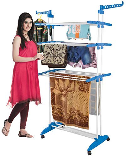 BonBon 3 Tier Clothes Drying Rack Folding Laundry Dryer Hanger Compact Storage Steel Indoor Outdoor (Blue/White)