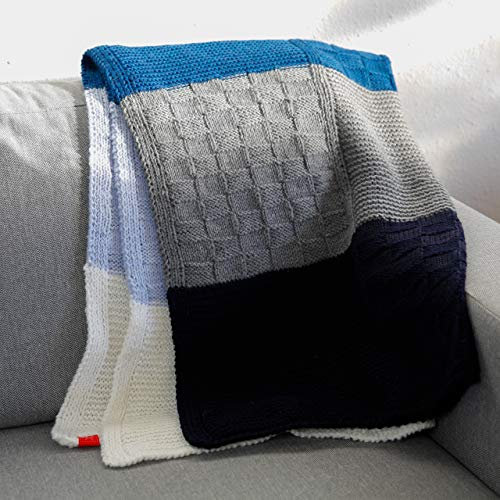 Decke Stricken Set * Strickset Decke Winterabend* Decke Stricken Wolle – Patchworkdecke blau/grau/weiß - 15x Merinowolle + Strickanleitung Decke + GRATIS Label- Set zum Stricken von Myoma