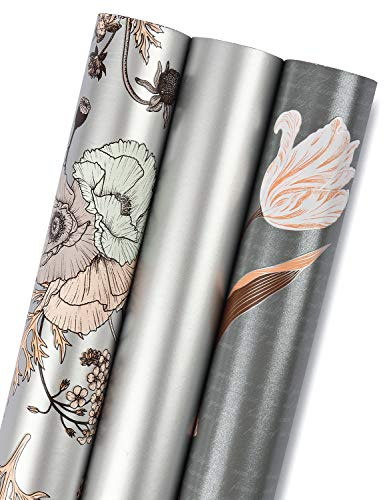 RUSPEPA Rotolo Di Carta Da Regalo - Mini Roll - 3 Diversi Motivi Floreali In Argento (42,5 Piedi Quadrati Ttl.) - 43,2 cm X 3.05 m Per Rotolo