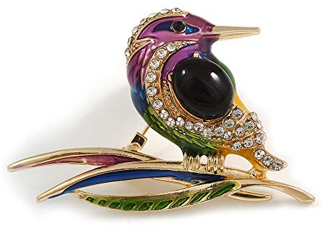 Spilla a forma di uccellino in metallo dorato smaltato multicolore – 45 mm di diametro, Misura unica, smaltato, Diamante