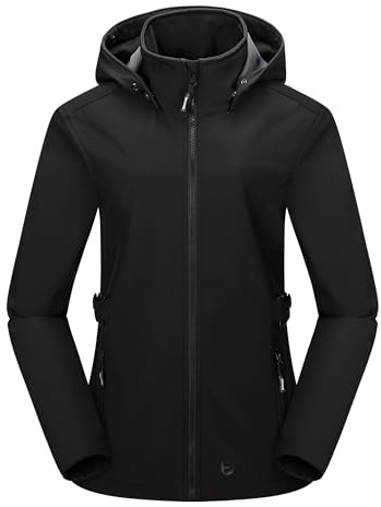 Outdoor Ventures Damen Softshelljacke Kurze Gefütterte Wasserdichte Übergangsjacke mit Abnehmbarer Kapuze Regenjacke Funktionsjacke Outdoor Regenmantel für Wandern Laufen Sporten Schwarz M