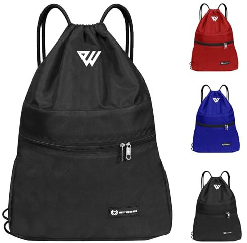 WESTWOOD FOX WFX Tasche mit Kordelzug, wasserdicht, Sport, Fitnessstudio, Rucksack für Damen und Herren, PE-Beutel, Außentasche, Reißverschluss, Schule, Strand, Urlaub, Schwimmen (Black)