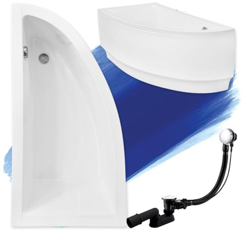 BADLAND Badewanne Original Weiß Acryl Wanne Eckbadewanne PRAKTIKA 150x70 Links KOMPLETTSET SET mit Weiß Acrylschürze + Füßen und Exklusive Chrom Automatik Ablaufgarnitur Made in EU 4in1