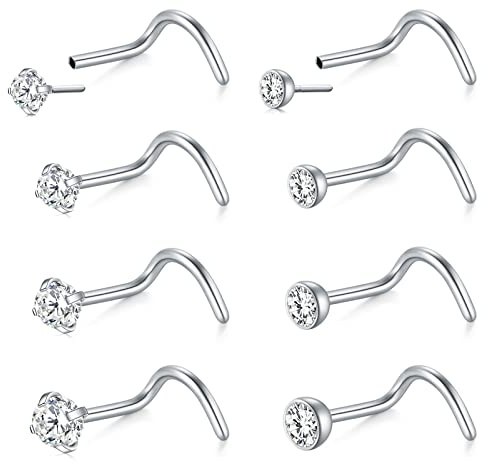 Mayhoop 20G Piercing Nariz Stud Acero quirúrgico Plata Nariz Tornillo Piercing de Nariz con 1.5/2 / 2.5/3 mm CZ para Mujeres Hombres Push In Design Piercing de fosa Nasal 8 Piezas