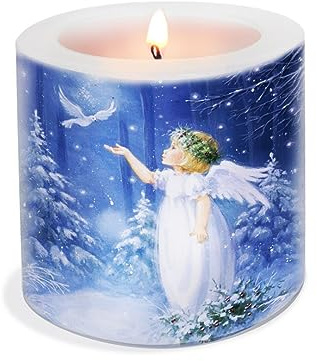 Vela de Navidad con ángel y paloma como decoración de mesa pacífica en invierno. Vela con diseño como decoración navideña para un ambiente cálido Ø8 x altura 7,5 cm