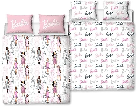 Character World Barbie Official Double Childs Duvet Cover Set | Figures Design Reversible 2 Sided Teens Bedding Including Matching Pillow Cases | Polyester Double Quilt Cover, Pink