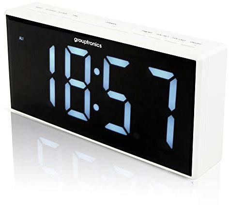 Grouptronics Large Digital Alarm Clock Radio MK2 - Mains Powered, 9 Large Display Clock, Telescopic Aerial, Bedside or Kitchen, Non Ticking, Dual Alarm, Brightness Control, Battery Back-Up - White