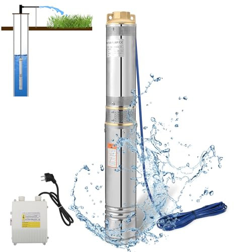 Herrselsam Pompe à puits profonds, 370W 4000L/h Pompe Submersible en Acier, Pompe à Eau Immergée Compatible Sable avec Câble de Raccordement et Boîte de Commande, 3,4 bar max
