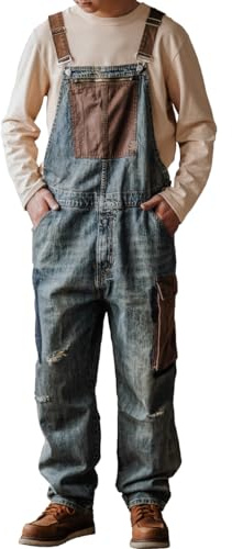 Rexcyril Salopette da uomo in denim svasata, vintage, a contrasto, con finitura stropicciata, per lavoro, con grandi tasche, blu, 34