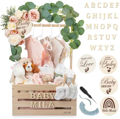 Wooden Baby Shower Crate Closet - Customizable Wooden Crate Box with Dual Rod System, Personalized Baby Shower Basket Alphabet Letters, Easy Assembly Baby Baskets for Baby Shower (Natural Wood)