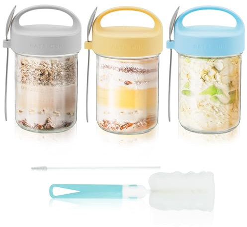 Mulaibdin Lot de 3 Overnight Oats Jar Verre, Bol Muesli a Emporter 430ml, Pot Yaourt en Verre avec Couvercle et Cuillères, Tasse à Céréales avec Sacs Transparents, Bocaux pour Porridge,Muesli,Lait,Fru