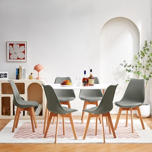 FURNITABLE Matrumsgrupp, matbord med 6 stolar, matgrupper, rektangulära, 110 cm köksbordsset och set med 6 matrumsstolar för vardagsrum, kök, kontor (vitt bord + 6 grå stolar)