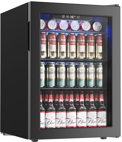 Icyglee 100 Can Beverage Refrigerator Cooler, 2.7 cu.ft Mini Fridge Glass Door for Beer Drinks Wines, Freestanding Beverage Fridge with Adjustable Shelves Blue LED for Home/Office/Dorm/Bar, Black