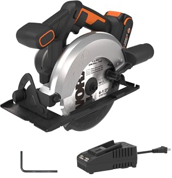 WORX Cordless Circular Saw, 20V 6-1/2-Inch Blade Circular Saw, Powerful and Fast Cutting with up to 4,700 RPM, Compact & Lightweight Design, 20V 2.0 Ah Battery and Charger Included, PowerShare