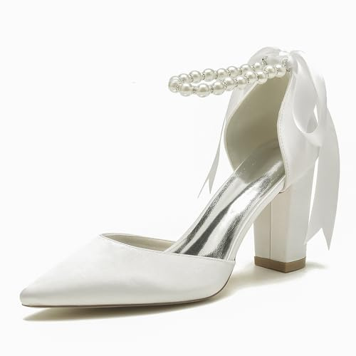 Zapatos tacón Alto para Novia, para Boda, para Mujer,Elegantes, con Punta Puntiaguda, Lazo satén, Perla,para Fiesta graduación,cómodas Sandalias de Baile con tacón Grueso,Marfil,36 EU