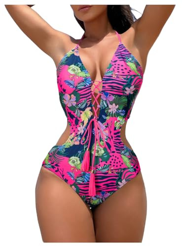 OYOANGLE Women's Tropical Lace Up Cut Out Monokini Swimsuit Tie Backless Halter One Piece Swimwear Multicolor Large