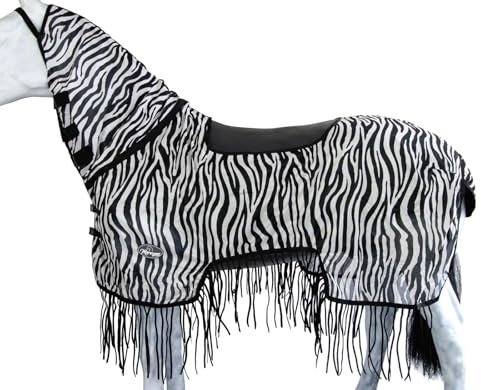 Marengos - Zebra Fliegenausreitdecke mit Fransen – Pferdedecke m. Sattelausschnitt & Halsteil – Schutz v. Insekten – feinmaschige Fliegendecke – Outdoorpferdedecke in Schwarz/Weiß – 135 cm