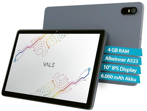 VALE Tablet V10A - 10 IPS Display - Octa-Core Prozessor - 4+4 GB RAM - 128 GB Speicher - Android 14-6000 mAh Akku - Bluetooth 5.0 - Dunkelgrau (4+128)