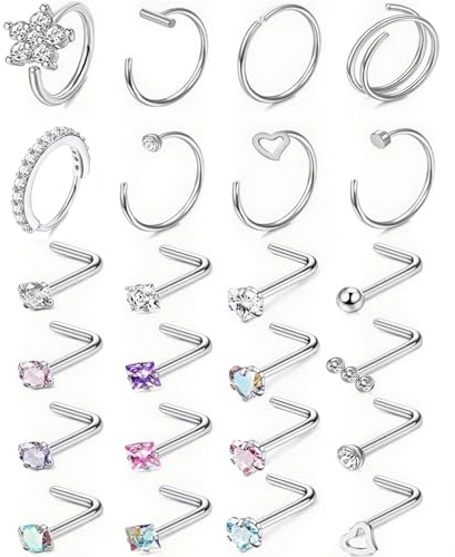 FloralGrace 24 Piece Stainless Steel Nose Rings, L Shaped Nose Studs and Piercing Set, Cute Heart Square CZ Nose Screw Piercing Jewellery Silver