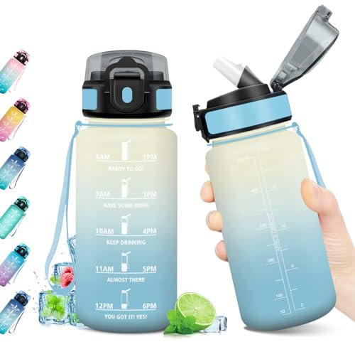 Gourde Enfant 500ml, Gourde Motivation avec Marqueur de Temps, Bouteille d'eau Étanche, Gourdes Sport avec Paille, Bouteille sans BPA, Réutilisable, Gourdes pour Yoga, l'école, Camping, Bureau