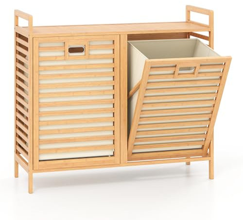 LIFEZEAL Wäschekorb 2 Fächer, Bambus Wäschesammler mit 2 abnehmbaren Beuteln, Wäscheschrank Laundry Baskets mit Latten für Wäscherei, Bad