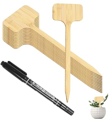 30 stycken miljövänliga växtskyltar av bambu, T-formade, väderbeständig, vattentät, med svart markörpenna, för trädgård, örter, utomhus (H:18 cm x B: 6 cm)