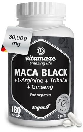 Complesso di Maca Nera Altamente Dosato, 30.000 mg per Dose Giornaliera, 500 mg di Estratto di Maca 20:1 con L-Arginina, Tribulus, Ginseng, Zinco, Vitamine B, 180 Capsule Vegane, Made in Germany