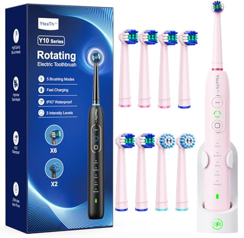 Rotating Electric Toothbrush with 8 Brush Heads for Adults and Kids, 3 Intensities 5 Modes, Wireless Wall Charging Station, Sonic Toothbrush with 2-Minute Smart Timer (Pink)
