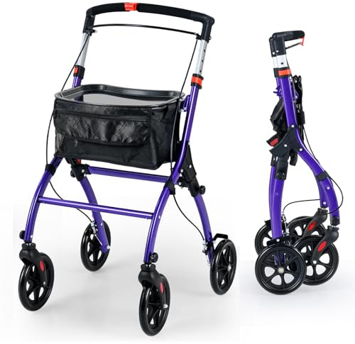 HOMFME 4 Wheel Folding Rollator Walker, Lightweight Wheeled Walking Aid with Removable Tray, 4 Wheels, Brakes, Height Adjustable Mobility Walker for Elderly Disabled (Purple)