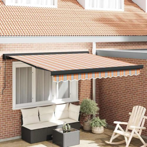 Mokuyary Infällbar markis flerfärgad 350 x 250 cm tyg och metall, klämmarkis med handvev, balkongmarkis solskydd för balkong terrass trädgård – A