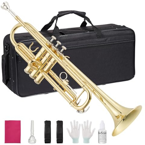 Professional Standard Trumpets Gold Lacquer Brass Instrument for Beginner to Professional, All-Inclusive Kit with Case, Mouthpiece & Cleaning Supplies