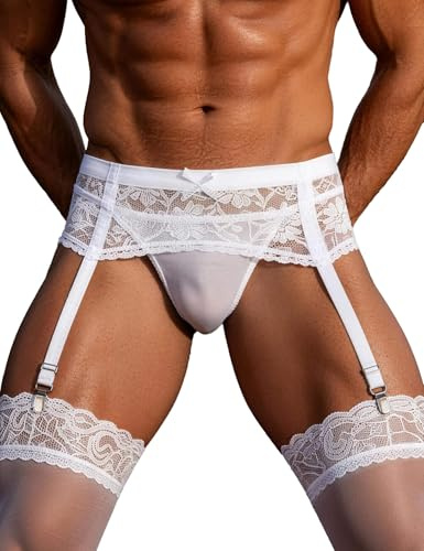 comeondear Uomo Reggicalze Giarrettiera Taglie Forti con 4 Clip Curvy Vita Alta Guepiere Elastiche Regolabile Lingerie Garter Belt Bianco,M