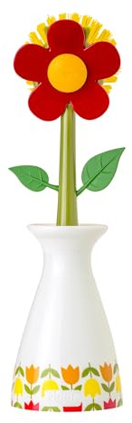 Vigar Flower Power Dish Brush with Vase Brush Holder, Dish Brush with Handle for Pot Scrubber, Dishes, Sink, and Kitchen Essentials, White, Red