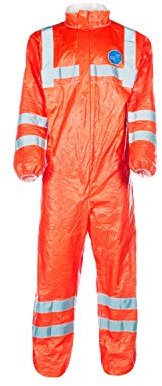 DuPont Tyvek 500 HV – Revêtement de protection chimique avec col, catégorie III, type 5-B et 6-B – Orange fluorescent avec bandes réfléchissantes grises | Taille XL