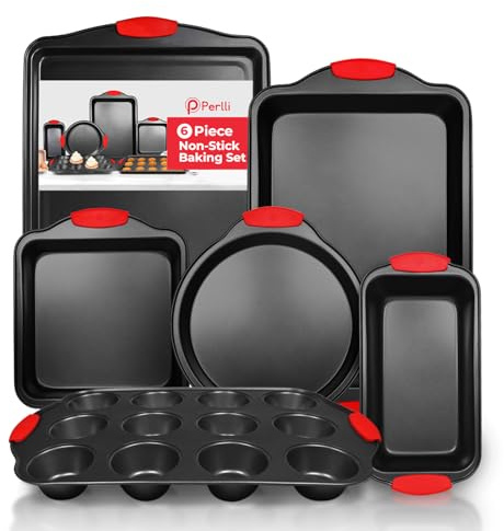 PERLLI Non-Stick 6-Piece Baking Pan Set, BPA-Free Carbon Steel Bakeware Set with Silicone Handles, Stackable Kitchen Oven Set, Cookie Sheet, Baking Tray, Baking Sheet Set, Oven Safe (446°F)
