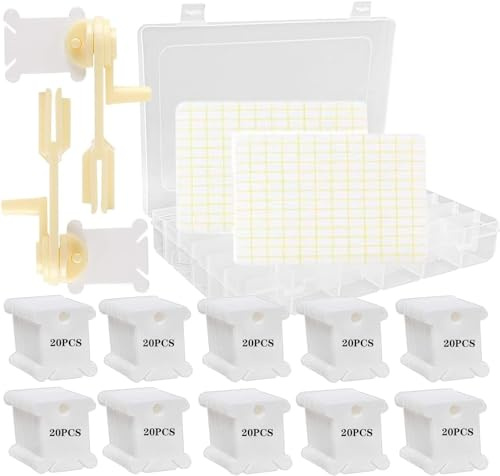 Naturezhen Organizador Hilos Punto de Cruz 200 Carretes + 2 Bobinadoras, Caja Costura 36 Compartimentos, 256 Pegatinas, Manualidades, Bordado, DIY, Almacenamiento