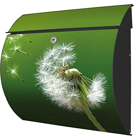 banjado® Burgwächter® Briefkasten anthrazit aus Stahl mit Motiv Pusteblume/Briefkasten ohne Zeitungsfach/Postkasten mit Kippdach & Öffnungsstopp, 2 Schlüssel