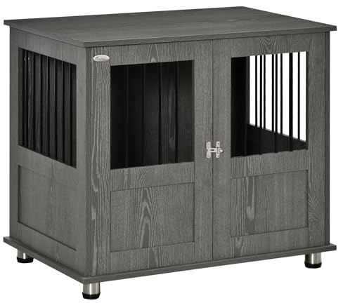 PawHut Dog Crate Furniture End Table, Pet Kennel for Small and Medium Dogs with Magnetic Door Indoor Animal Cage, Grey, 85 x 55 x 75 cm
