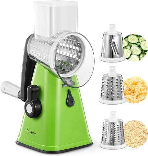 Grattugia per Formaggio Rotante, Reemix Taglia Verdure Manuale Mandolina per Verdure con 3 Acciaio Inox Pale Tamburo per Cucina Verdure, Patate, Carote, insalate, Manual and Safe Milling (Verde)