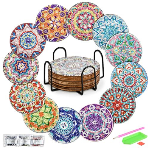 12 Stk. Diamond Painting Untersetzer Set mit Halter&Tools,DIY Diamant Art Untersetzer,Diamond Malsets Glasuntersetzer,Mandala Untersetzer zum Basteln Erwachsene Kreativ Set,Diamant Malerei Untersetzer