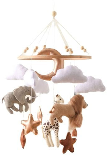 Wald Tiere Mobile Baby Windspiele, Babybett Mobile Baby Hölz mit Filzbällen, Elefant Giraffe Löwe Wolke Mobile Baby Anhänger Neugeborenen Geschenk Für Baby