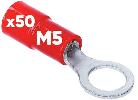 Kalitec RKSRM5 - Capocorda ad anello 0,5 – 1 mm², parzialmente isolato, M5, rosso, rame, colletto, PVC, per il collegamento di cavi o fili, capicorda I connettori per cavi proteggono i collegamenti