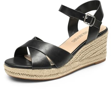 DREAM PAIRS Espadrille uppklädda kilsandaler, plattformssandaler för kvinnor, vardagliga sommar, bekväma högklackade kilar med justerbart spänne, Svart-pu, 37 EU