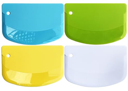 CEWIFO Hard Bench Scraper Dough Scraper for Baking, 4 PCs BPA Free PP Plastic Flexible Dough Cutter, Food-Safe Plastic Bread Making Tools Cake Dough Fondant Icing (White, Green, Yellow, Blue)